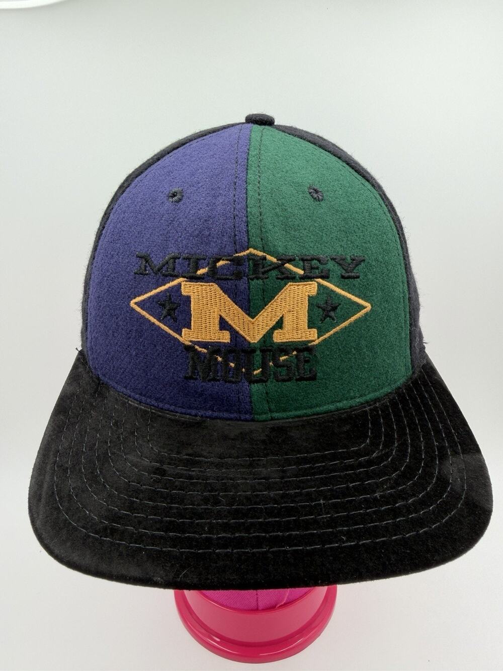 Vtg Mickey Mouse Disney Store Snapback Hat Wool Suede USA Black Blue Green